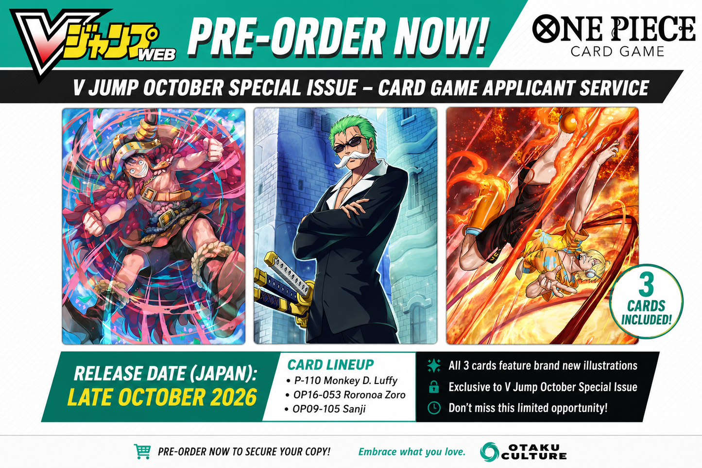 [PRE SALE] V Jump October 2026 Special Issue – ONE PIECE Trading Card Game Exclusive 3 Card Mail in Order Set