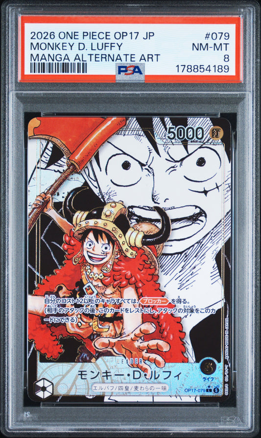 ONE PIECE JAPANESE OP17-THE WORLD'S STRONGEST WARRIORS #079 MONKEY D. LUFFY MANGA ALTERNATE ART (PSA 8)