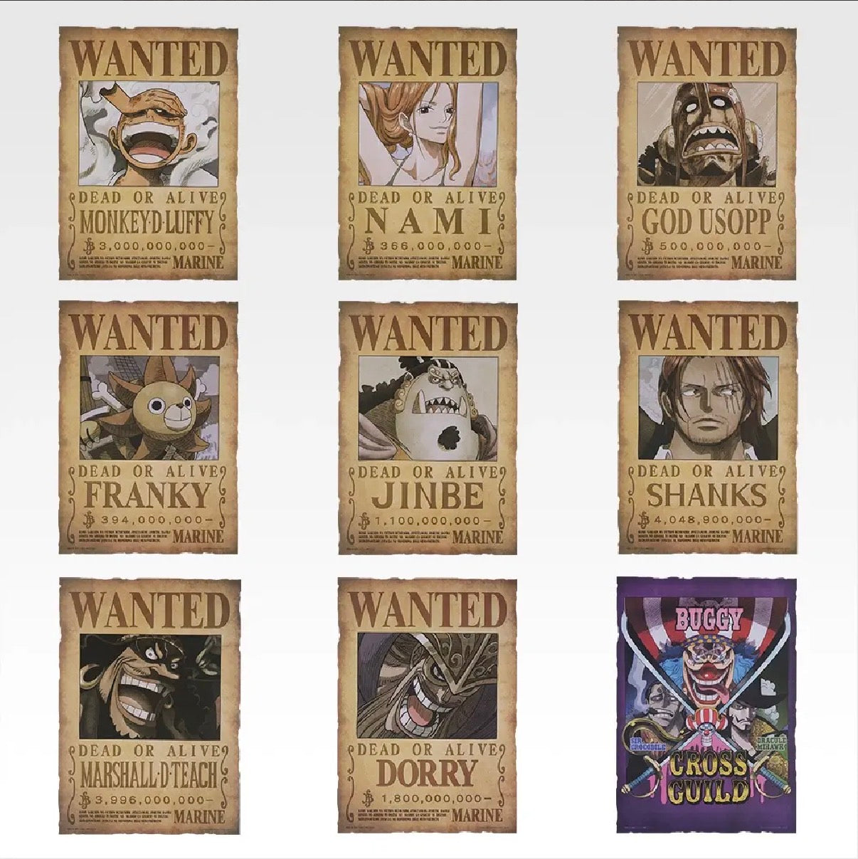 One Piece Giant Bash Vol.1 Wanted Poster Ichiban Kuji Prize J COMPLETE 9 PIECE SET - Japanese Exclusive